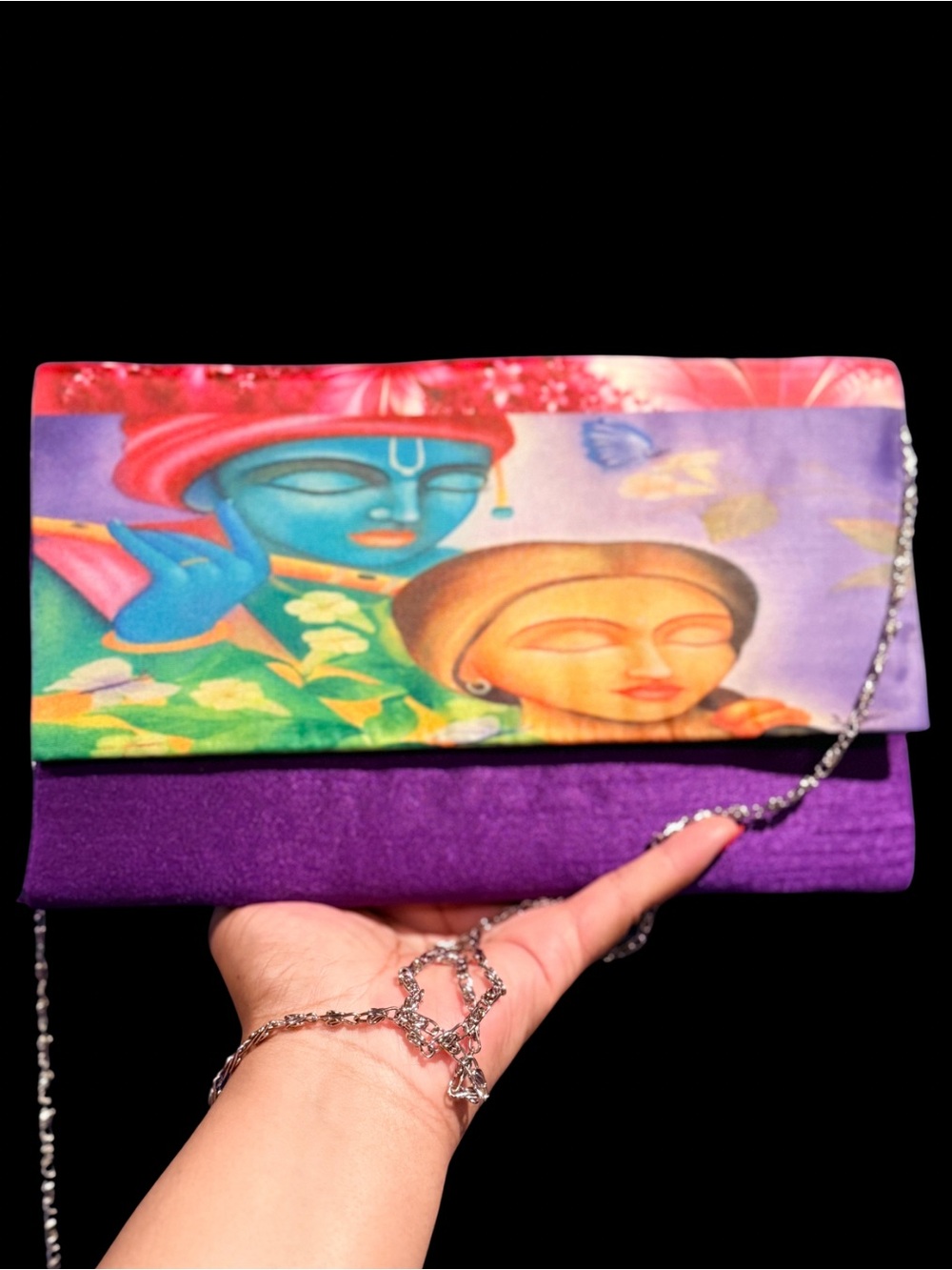 Vintage Radha and Krishna Art-Print Clutch with Silver Chain